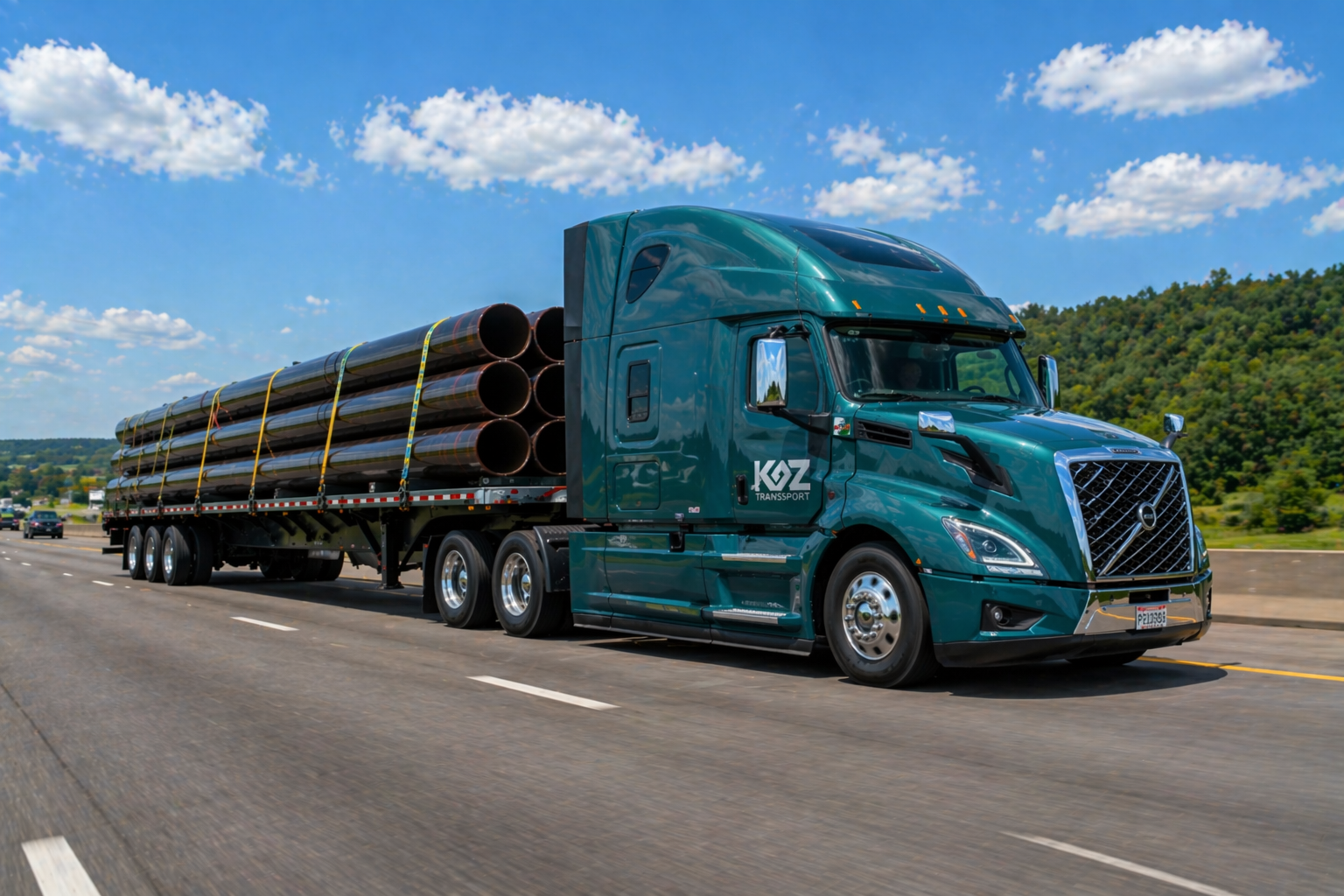 Green KGZ Transport Volvo flatbed hauling bundles of large steel pipes on a rural highway