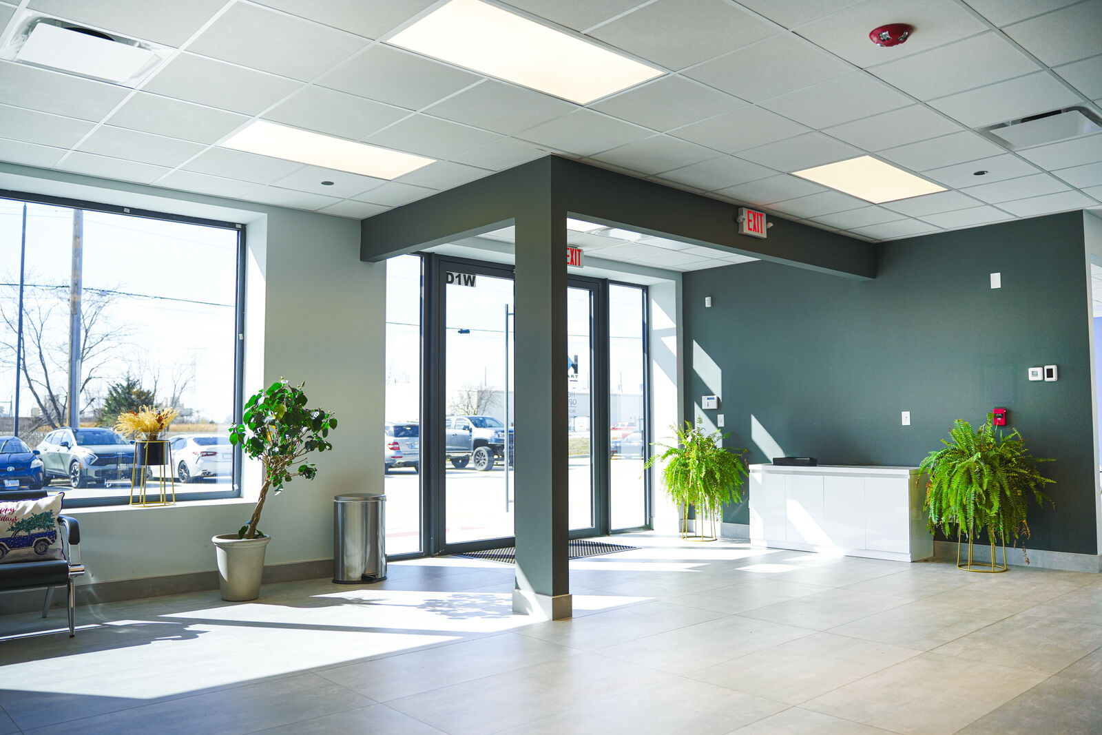 Bright and welcoming lobby entrance of KGZ Transport offices with plants and natural light